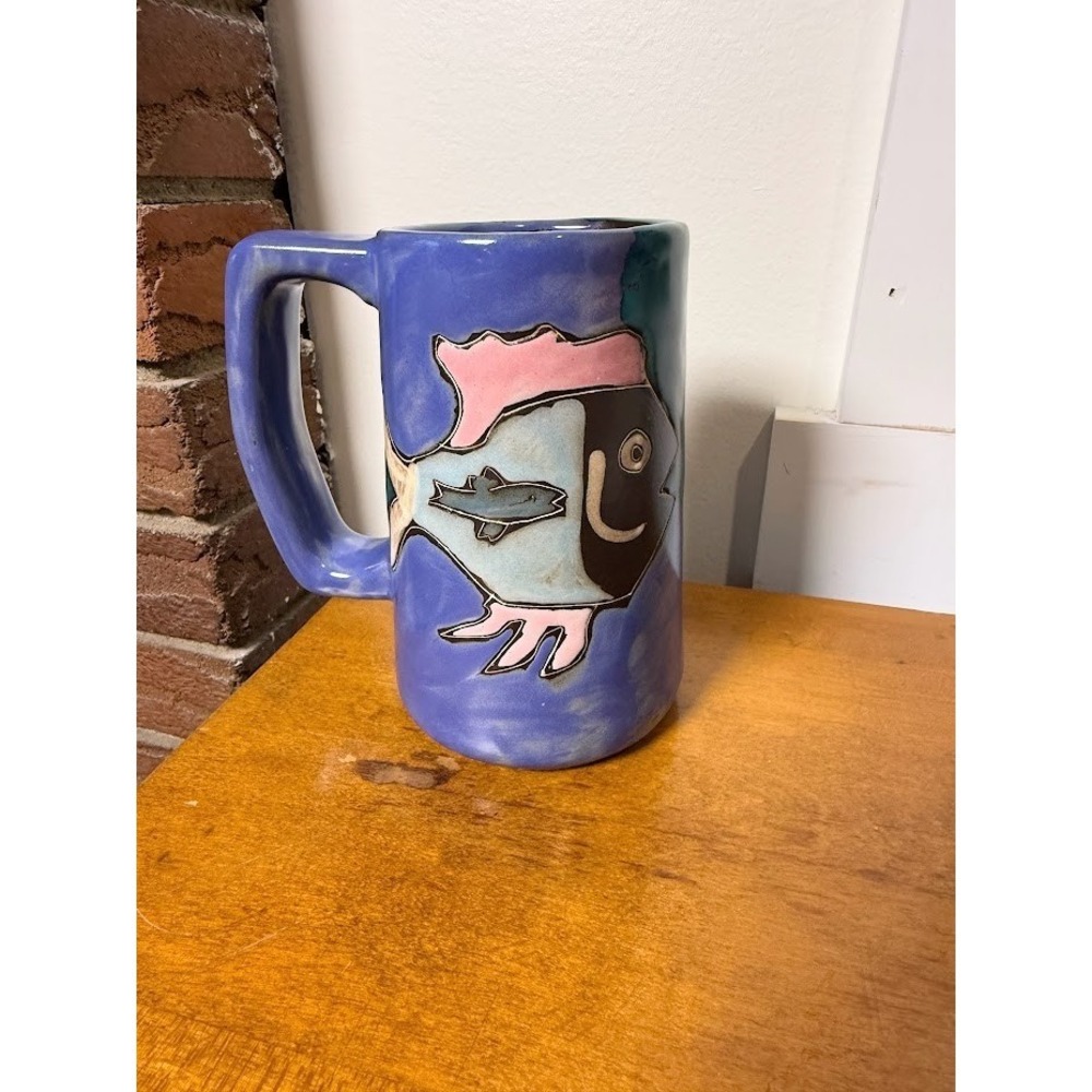 Mara Mexico Mug Handmade Stoneware Signed Art Pottery Fish Coffee Mug Cup VTG